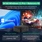 Intel N100 Game PC Box with Windows 11 Pro and Batocera 40, 2TB HDD, showcasing the compact gaming console with retro controllers.