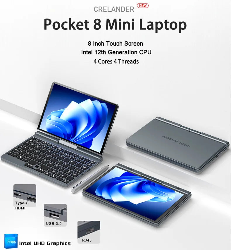 8-inch mini touchscreen laptop by The Techie Den with 360° rotating 2-in-1 design, portable and versatile for on-the-go use