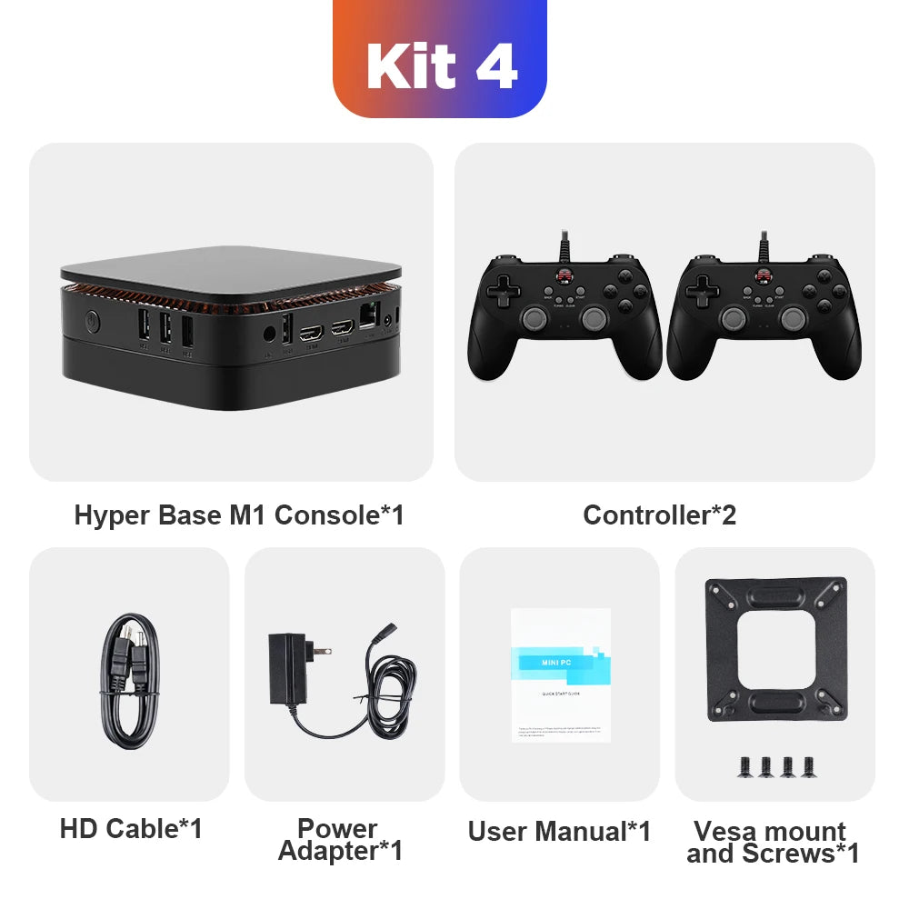 Intel N100 Game PC box with Windows 11 Pro and Batocera 40, 2TB HDD, showcasing gaming interface and connected retro controllers.