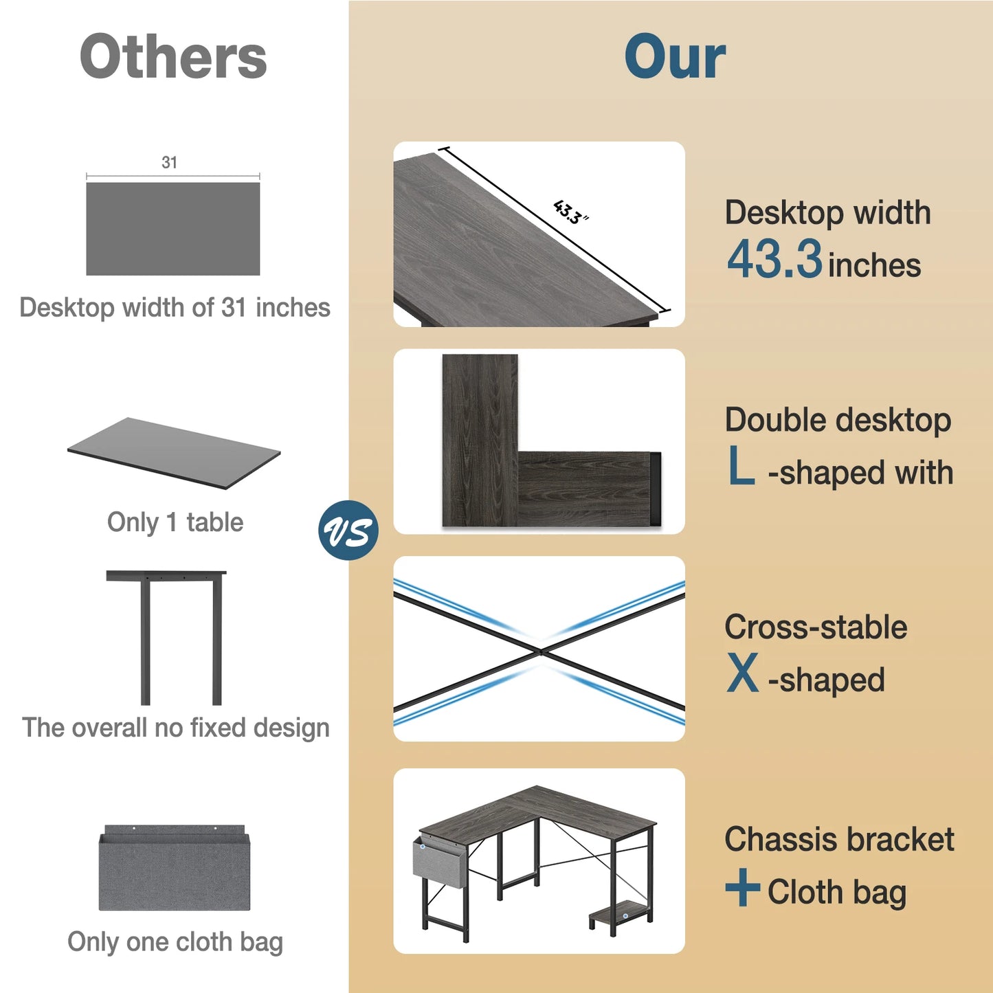 Wooden Table with CPU Storage Shelf & Side Bag