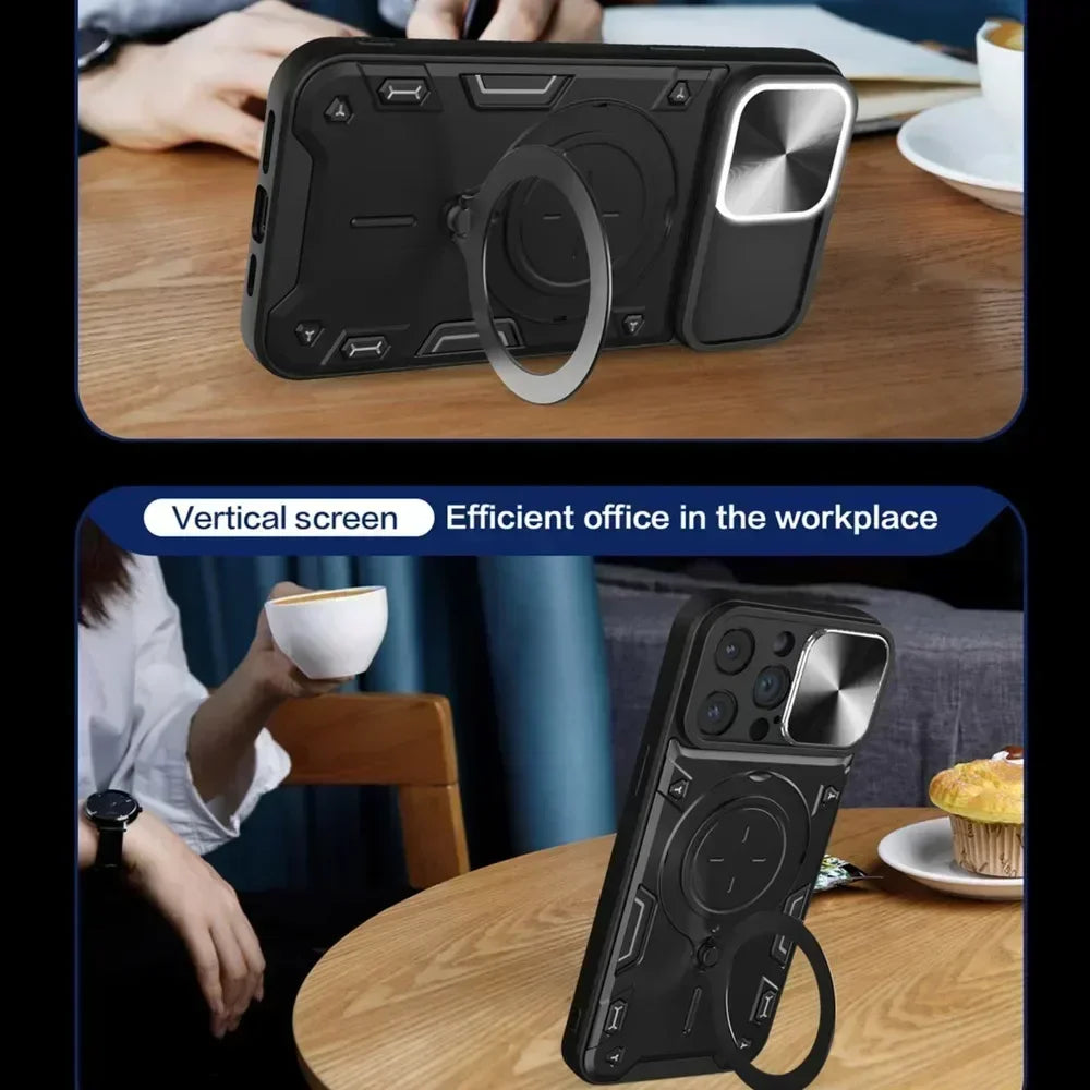 Case For iPhone  Magnetic Slide Camera Protection 360 Rotate Kickstand