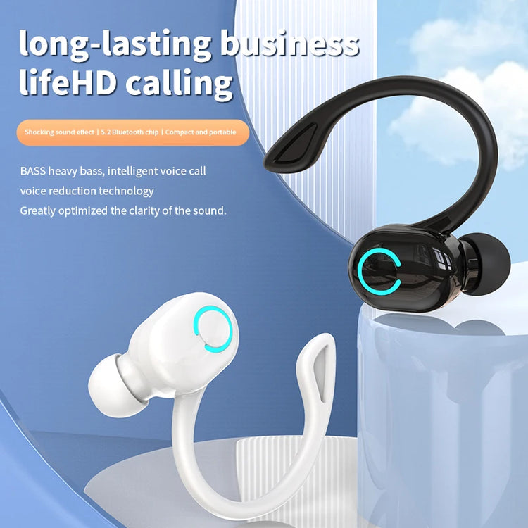 Wireless Bluetooth earphones by The Techie Den with HD mic, noise canceling, ear-hook design, waterproof, ideal for sports and gaming.