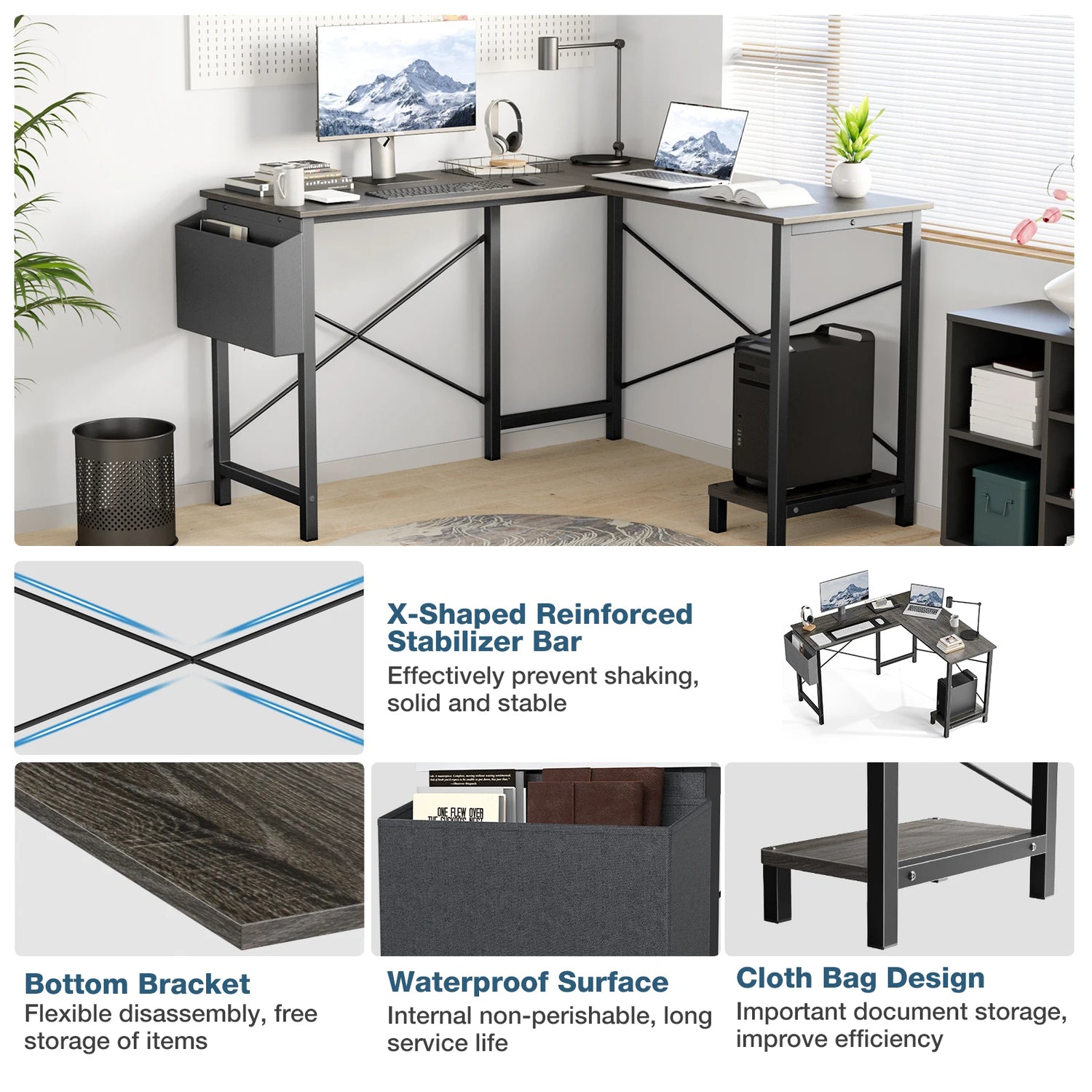 Wooden Table with CPU Storage Shelf & Side Bag - The Techie Den