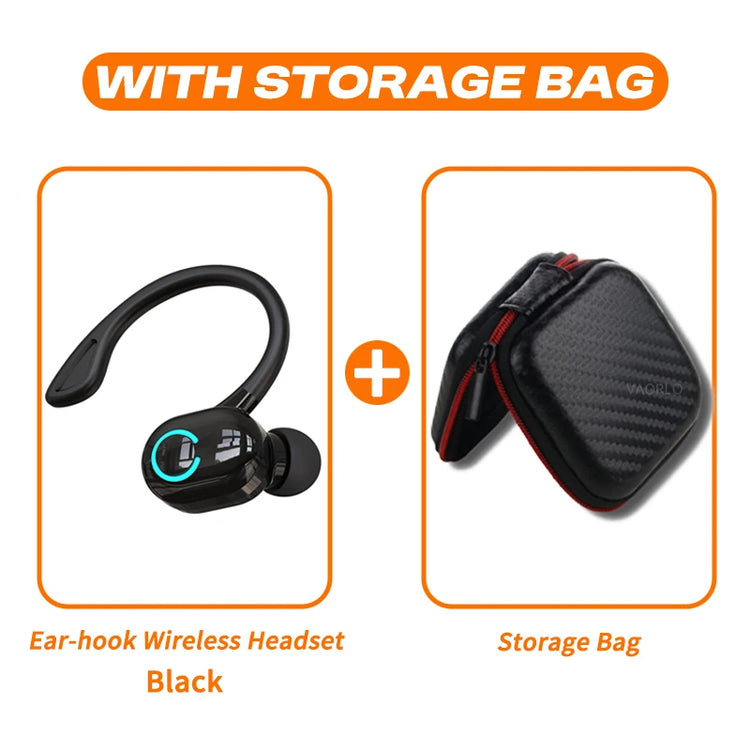 Wireless Bluetooth earphones by The Techie Den with HD mic, noise cancelling, waterproof design, ear-hook style for sports and gaming.