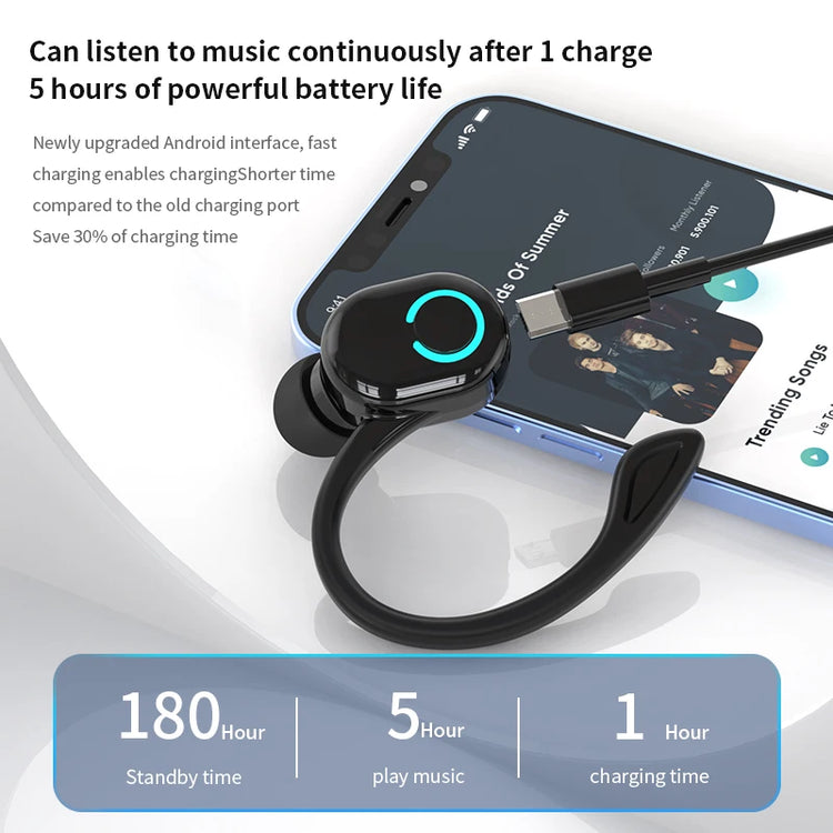 Wireless Bluetooth earphones by The Techie Den with HD mic, noise cancelling, waterproof design, and ear-hook for sports and gaming.