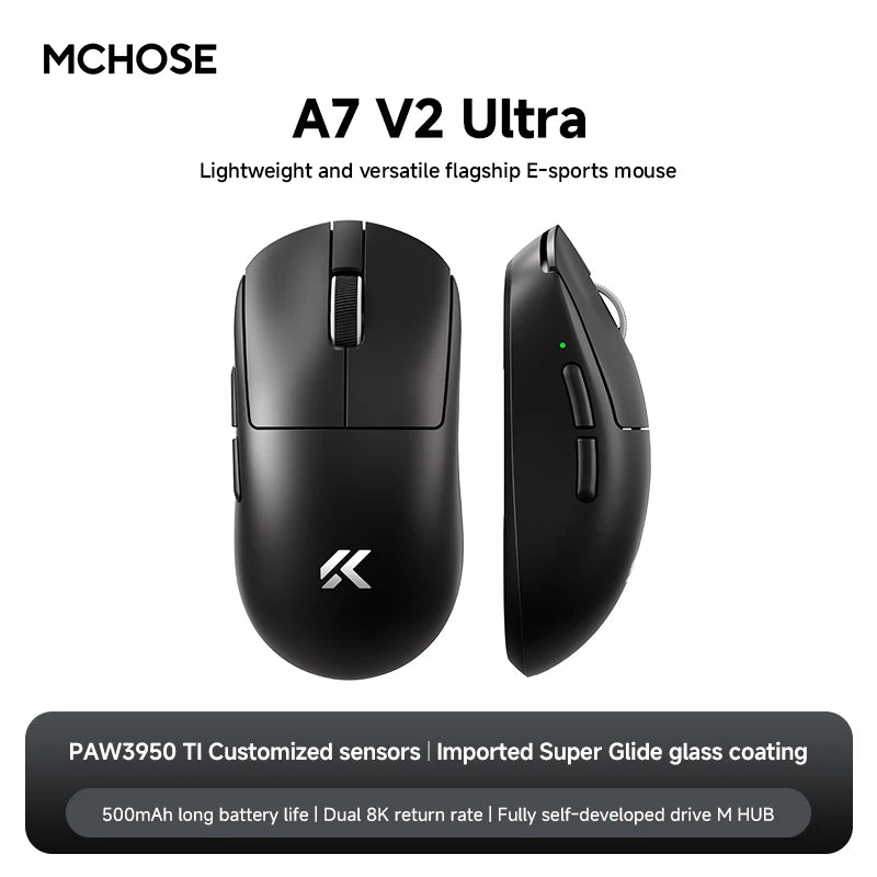 Lightweight wireless gaming mouse by The Techie Den, Mchose A7 V2 Pro Ultra, with tri-mode connectivity and up to 42,000 DPI.