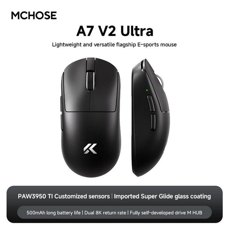 Lightweight wireless gaming mouse by The Techie Den, Mchose A7 V2 Pro Ultra, with tri-mode connectivity and up to 42,000 DPI.
