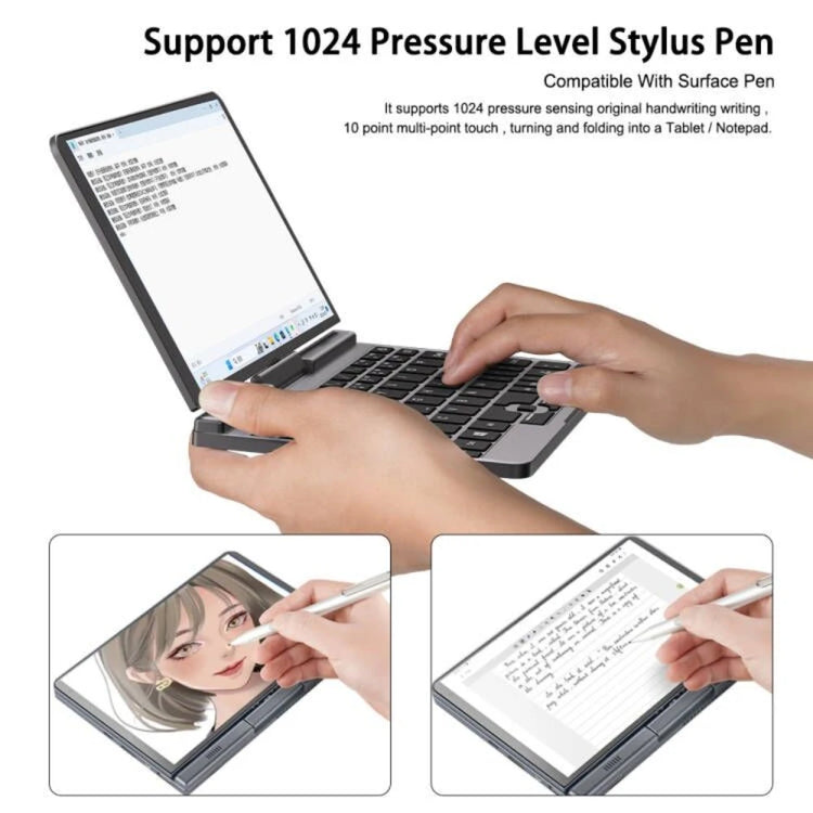 8-inch mini touchscreen laptop by The Techie Den with 360° rotating 2-in-1 design, portable compact PC, and user-friendly interface.