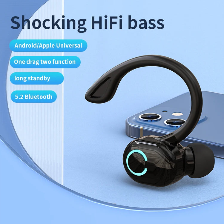 Wireless Bluetooth earphones with HD microphone, ear-hook design, noise cancelling, waterproof, ideal for sports and gaming.