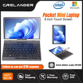 8-inch mini touchscreen laptop from The Techie Den with 360° rotating 2-in-1 design, portable compact PC on a sleek black background.