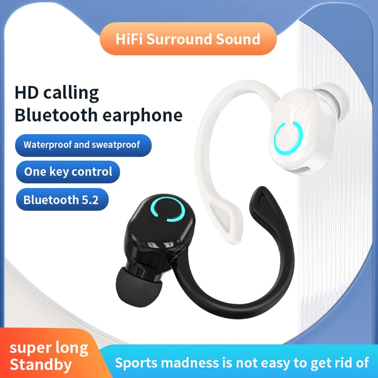 Wireless Bluetooth earphones by The Techie Den with HD mic, noise cancelling, waterproof design, ear-hook, ideal for sports and gaming.