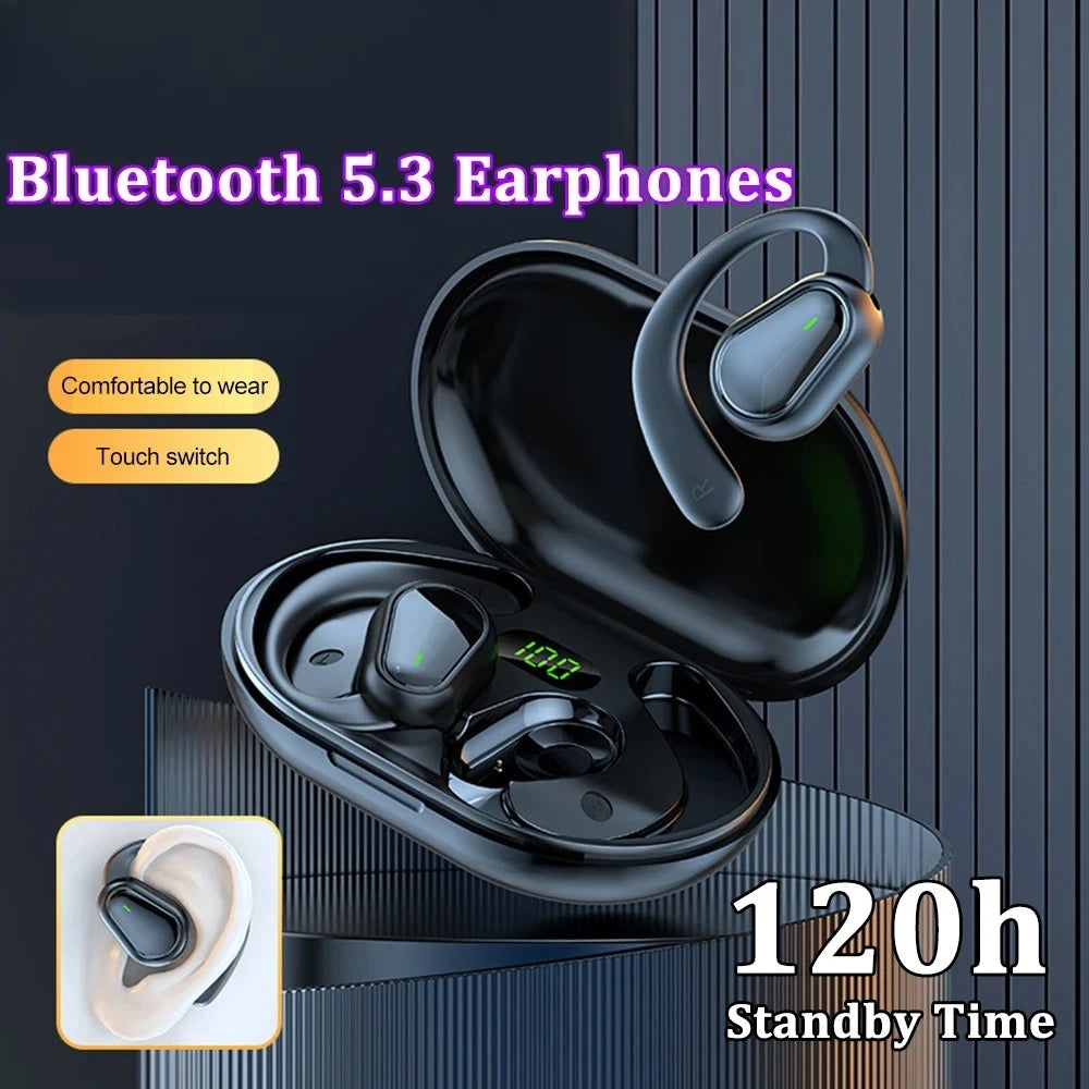 Wireless Xiaomi Bluetooth 5.3 headphones with ear hooks, HiFi stereo sound, waterproof design, and noise reduction earbuds.