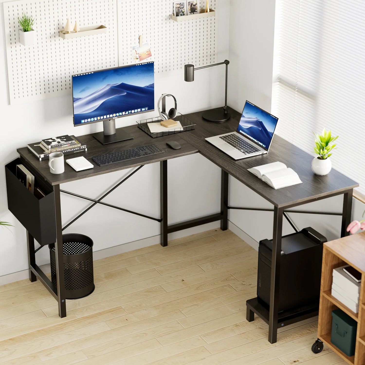 Wooden Table with CPU Storage Shelf & Side Bag - The Techie Den
