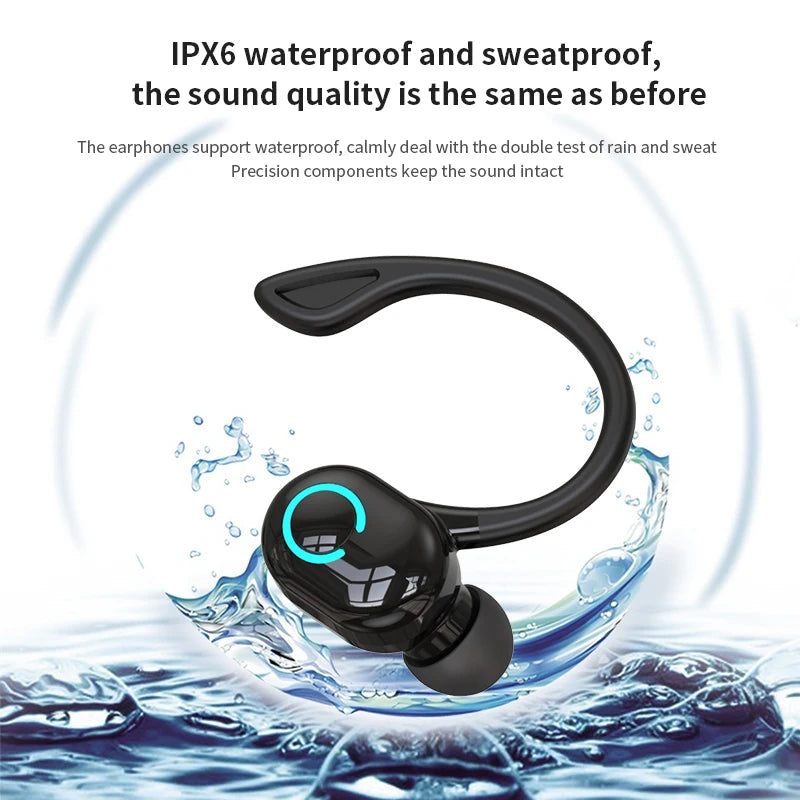 Wireless Bluetooth earphones by The Techie Den with HD mic, noise cancelling, waterproof design, ear-hook earbuds for sports and music.