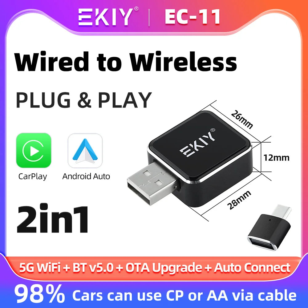 EKIY CarPlay&Auto Box Dongle Wired To Wireless For Audi Toyota Mazda Nissan Chevrolet Suzuki Subaru Kia Ford Opel Skoda Hyundai